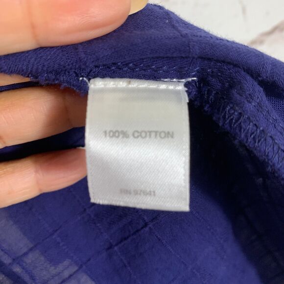 J Jill Navy Blue Sheer Plaid Button Front Tunic Top Medium 3/4 Sleeve Blouse - Picture 5 of 6